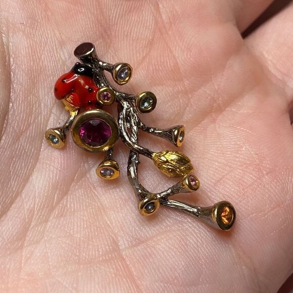 💛 Handmade 925 & 14k Yellow Gold Lady Bug Floral Gemstone Pendant - Picture 5 of 5